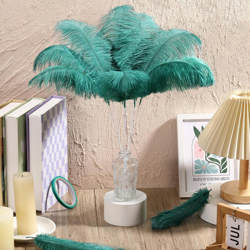 Lyrow Store 12 مجموعة ريش النعام بالجملة 10-12 بوصة (25-30 سم) تشمل 12 قطعة من الريش الطبيعي لزهور الفازة و12 عصا وشريط للحرف اليدوية لحفلات الزفاف والماسكراد وزينة مركز الطاولة (أخضر داكن) - Image 3